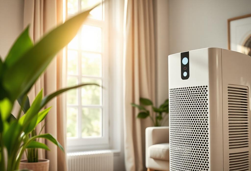 Air purifier running in a sunlit living room next to a houseplant