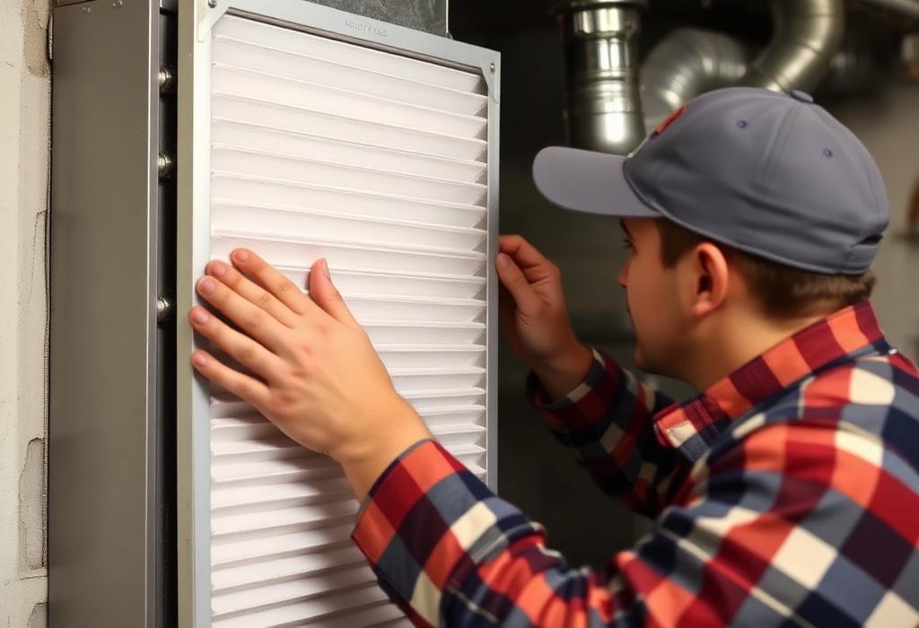 Technician sliding a clean filter into a residential furnace