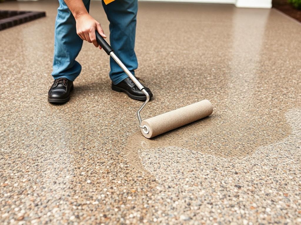 Worker rolling clear sealant onto an exposed aggregate driveway