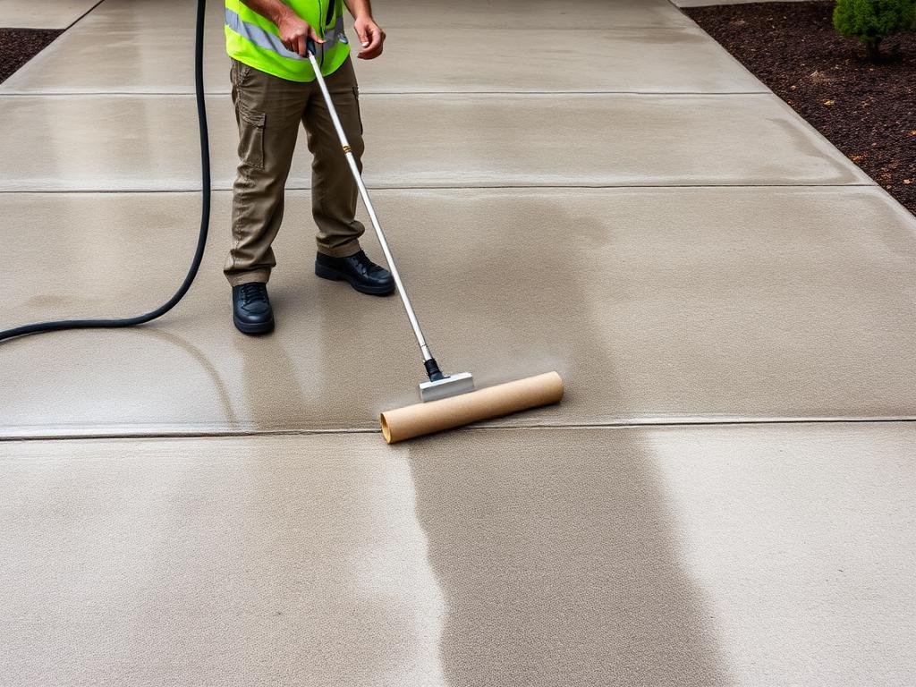 Worker pressure washing a concrete driveway clean
