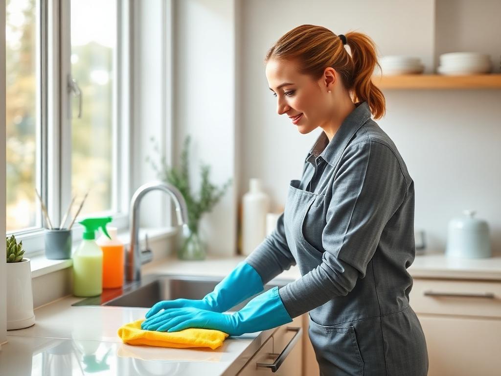 Professional cleaner wiping a kitchen counter in a bright home