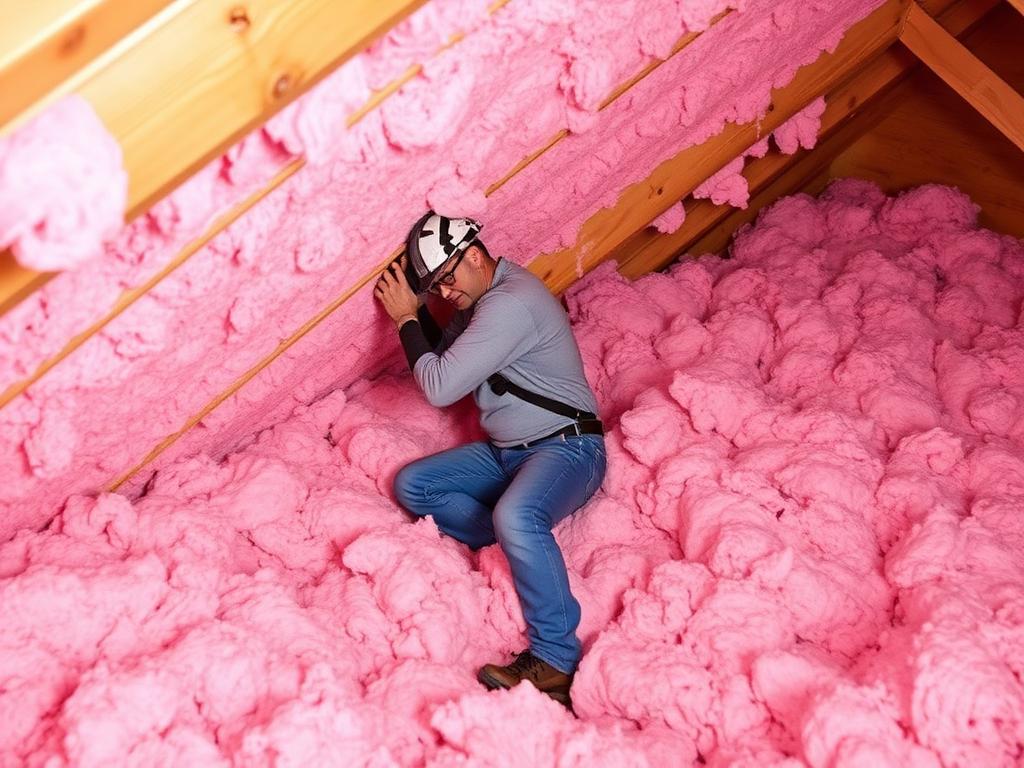Worker installing fiberglass insulation batts in an attic