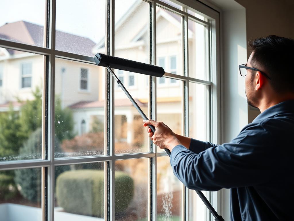 Professional cleaning a large residential window with a squeegee