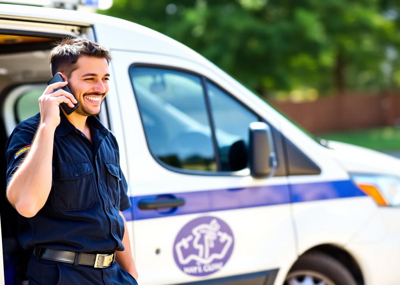 K&M Solutions technician taking a customer call beside a service van