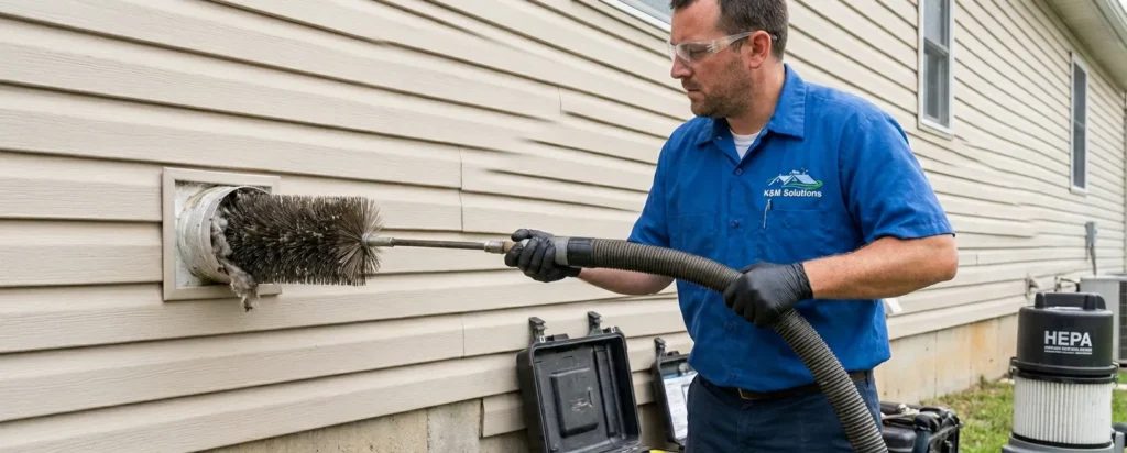 K&M Solutions technician performing professional dryer vent cleaning in Evansville Indiana home to prevent fire hazards