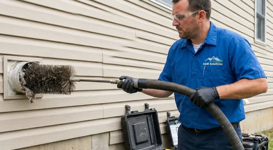 K&M Solutions technician performing professional dryer vent cleaning in Evansville Indiana home to prevent fire hazards